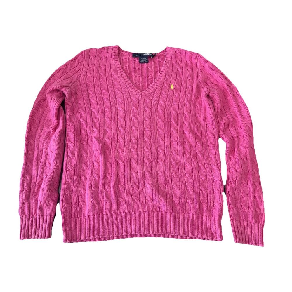 Vintage Ralph Lauren Sport Women's Cable Knit Sweater Size Medium Pink w/yellow - Picture 4 of 13